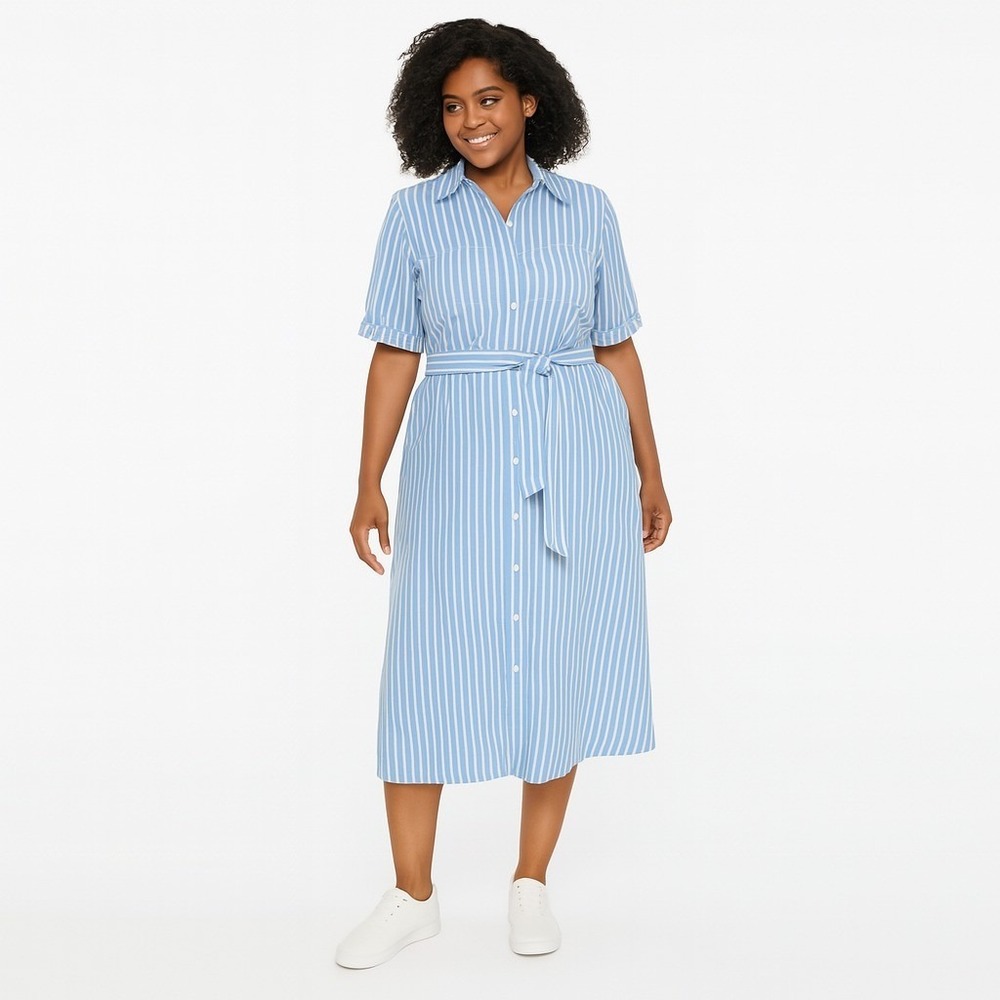 Riley & Rae Women's Belted Maxi Dress Deep Sea Blue Striped Size L